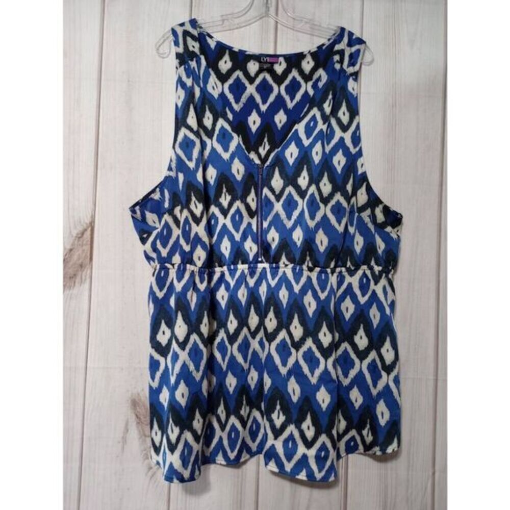 LYS Women 3X Blue Ikat Diamond Print Zip V-Neck Sleeveless Blouse Empire‎ Waist